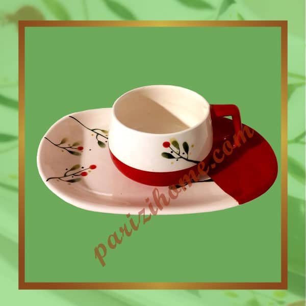 Red floral ceramic cappuccino cup with saucer